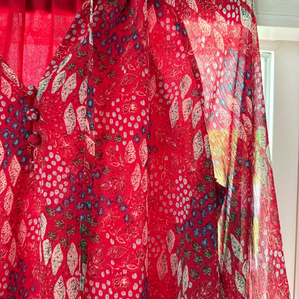 LOFT Red Sheer Printed Ruffle-Neck Blouse - Picture 4 of 5
